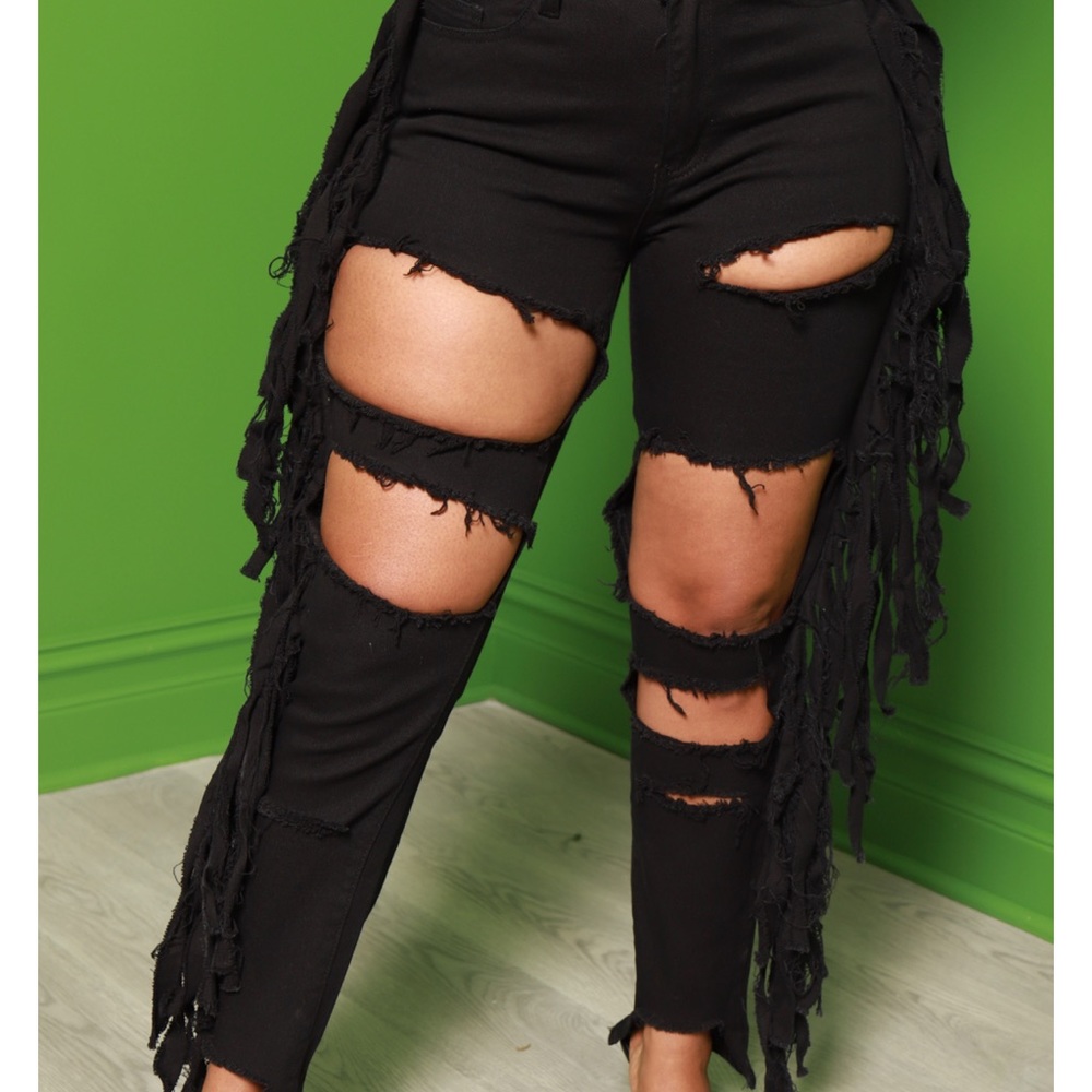 Black fringe destress jeans high roller fringe